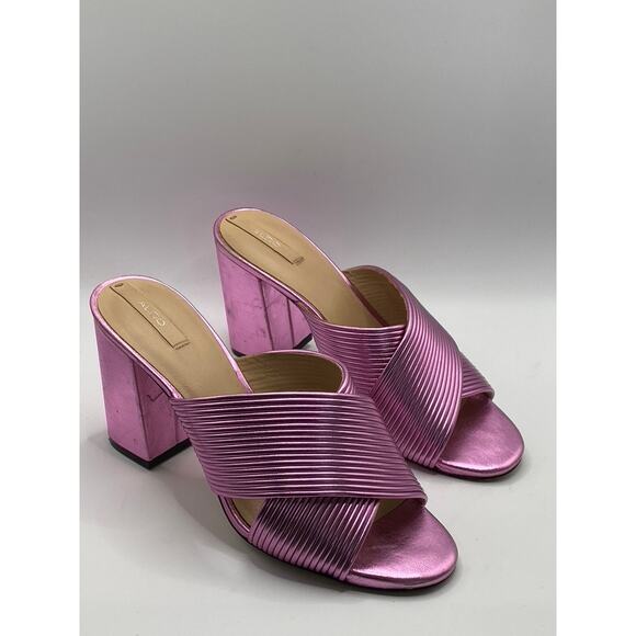 ALDO Women's Pink Metallic Round Peep-Toe Slip-On Block Heel Sandals SZ 7.5 - Picture 1 of 11